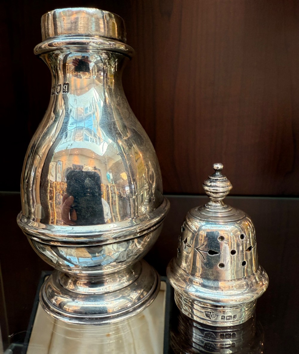 A hallmarked sterling silver sugar caster featuring a baluster form, pierced dome lid with finial, and moulded pedestal base. View III