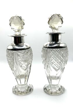 BEAUTIFUL PAIR OF ANTIQUE SOLID SILVER MOUNTED CUT GLASS SCENT BOTTLES BIRMINGHAM 1920