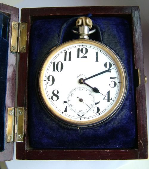 fig 2. Antique bedside / desk clock 8-day goliath pocket watch
Edwardian mahogany and satinwood inlaid case with light