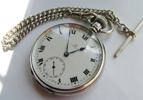 Antique 1920s Silver Omega Pocket Watch & Chain