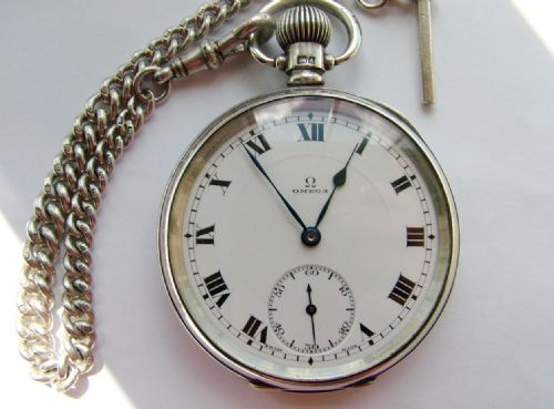 fig 2. Antique 1920s silver Omega pocket watch & chain