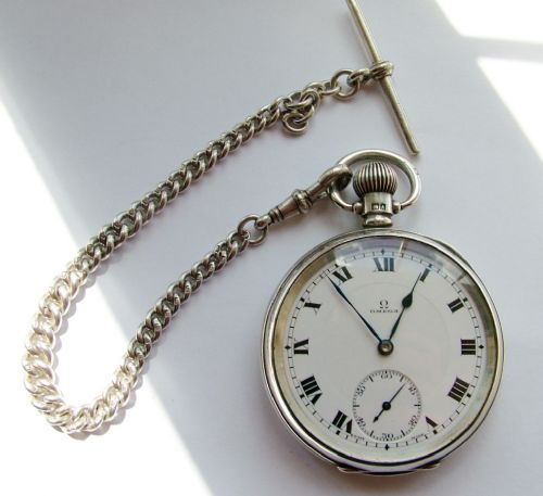 fig 1. Antique 1920s silver Omega pocket watch & chain