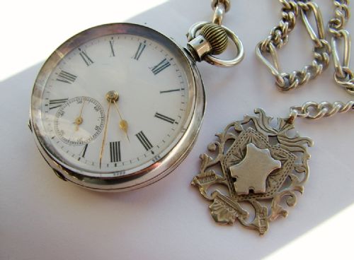 Antique Swiss Silver Pocket Watch & Chain