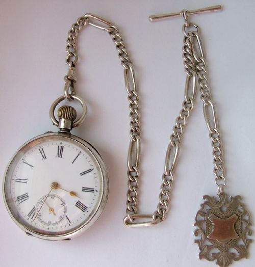 fig 3. Antique Swiss silver pocket watch & chain
