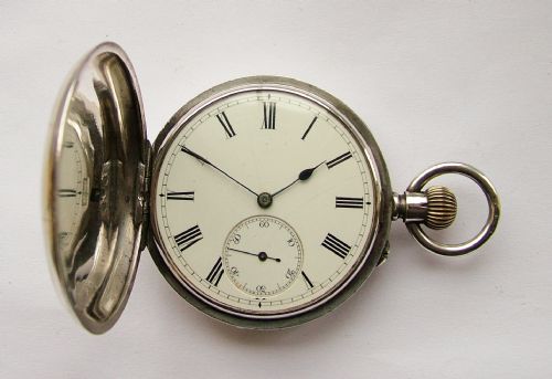 fig 1. Antique Swiss silver full hunter pocket watch Exd by Dent