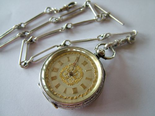 Antique Silver Fob Watch & Chain, C1890