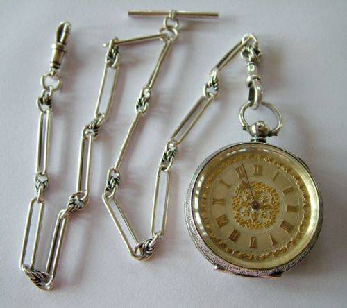 fig 1. Antique silver fob watch & chain, c1890