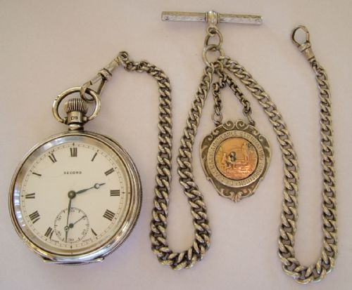 Vintage Silver Record Pocket Watch & Chain