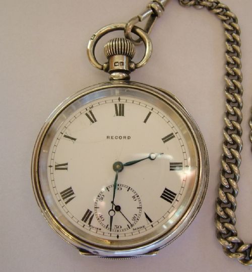 fig 1. Vintage silver Record pocket watch & chain