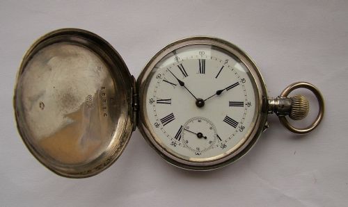 fig 1. Antique .800 silver full hunter stem winding pocket watch