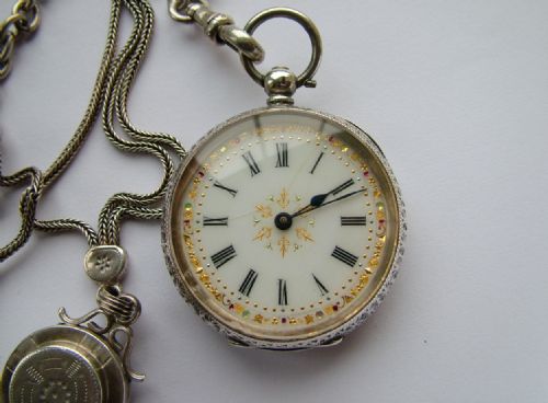fig 1. Antique silver fob watch & chain, Kendal & Dent