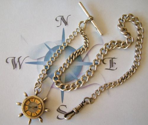 Antique Silver Watch Chain & Compass Fob