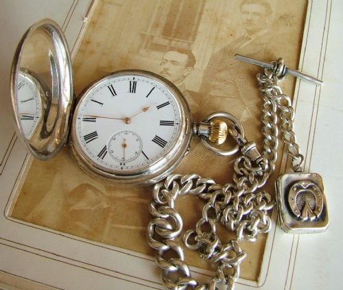 Antique Silver Full Hunter Pocket Watch and Chain