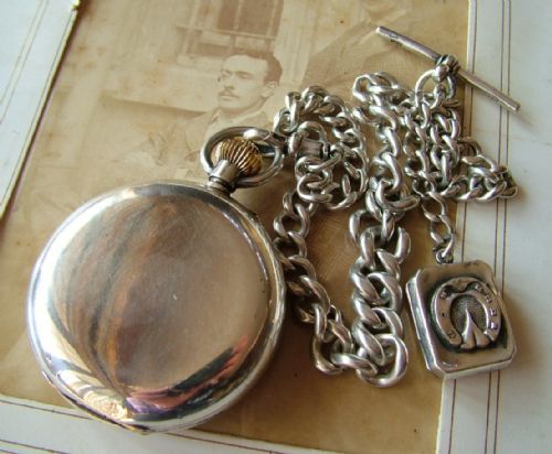 fig 1. Antique silver full hunter pocket watch and chain
