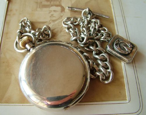 fig 2. Antique silver full hunter pocket watch and chain