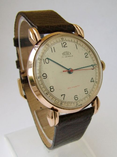 fig 1. Gents 9ct rose gold Trebex wrist watch, 1948