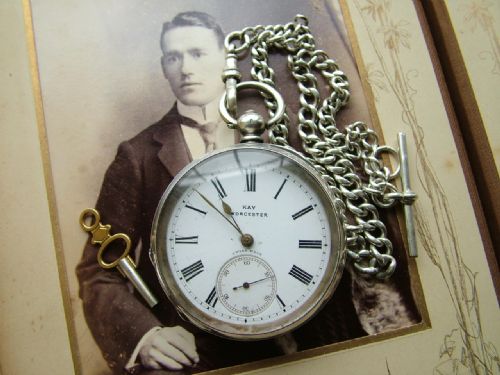 Antique Silver Kay, Worcester Pocket Watch & Chain