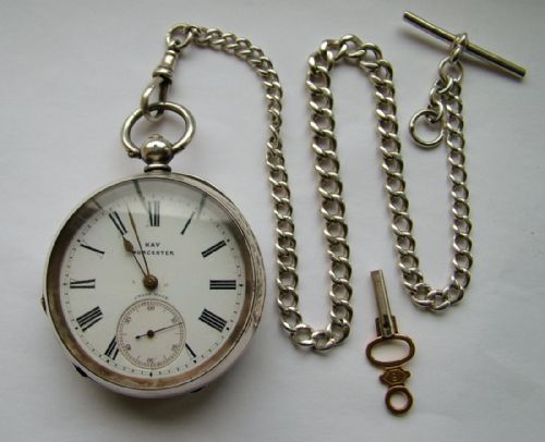 fig 1. Antique silver Kay, Worcester pocket watch & chain