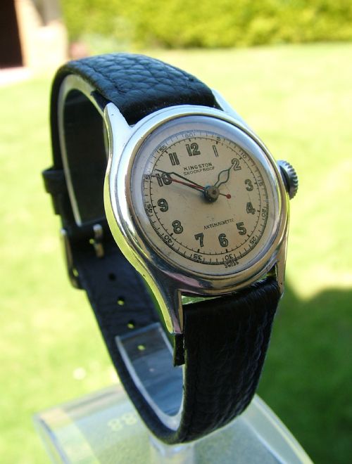 fig 1. A vintage gents 1940s silver Kingston hand winding wrist watch.