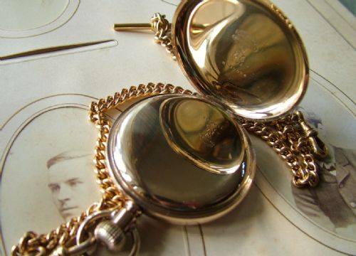 fig 1. Antique Waltham Traveler full hunter pocket watch and chain