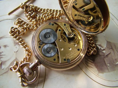 fig 2. Antique Waltham Traveler full hunter pocket watch and chain