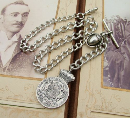 Antique Heavy Duty Silver Watch Chain with Fobs
