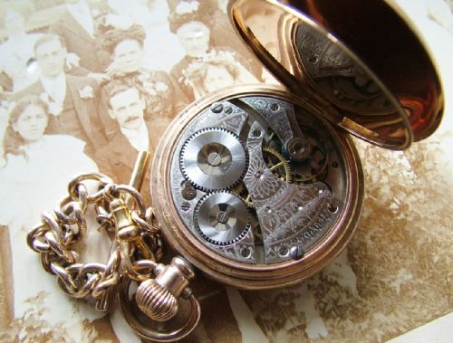 fig 2. Antique Waltham full hunter pocket watch and chain