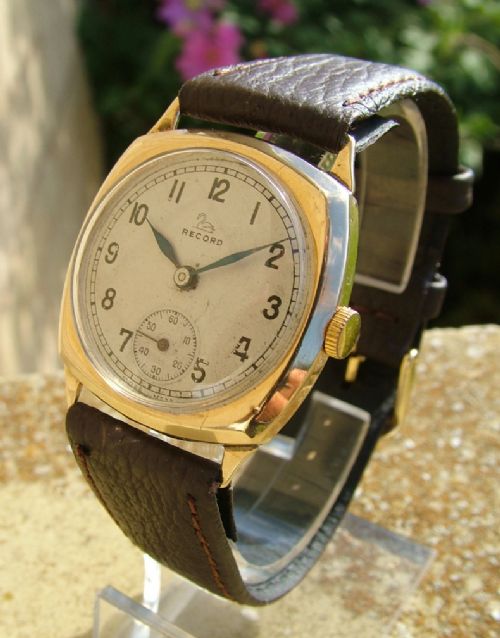 Gents 9ct Gold Record Cushion Cased Wrist Watch