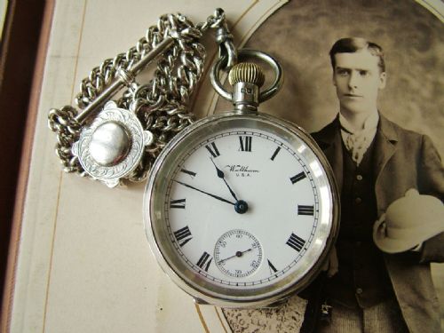fig 1. Antique silver Waltham pocket watch and chain