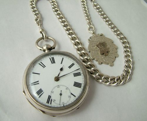 Antique English Silver Pocket Watch, Chain and Fob