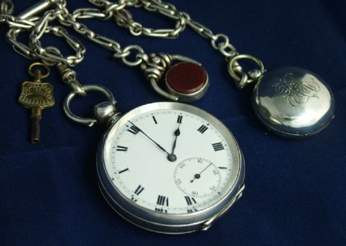Silver Tavannes Pocket Watch and Accoutrements