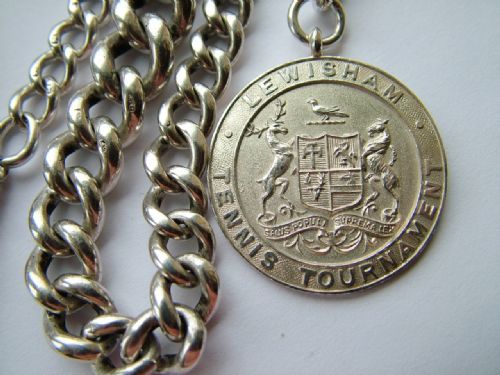 Heavy Antique Silver Watch Chain and Armorial Fob