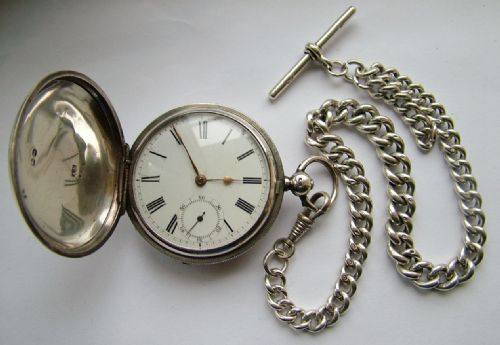 fig 1. Silver Waltham full hunter pocket watch and chain