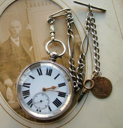 fig 1. Antique silver Buren pocket watch and chain