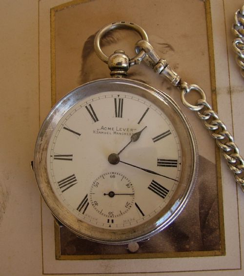 fig 1. A vintage 1920s silver H Samuel Acme lever pocket watch & chain