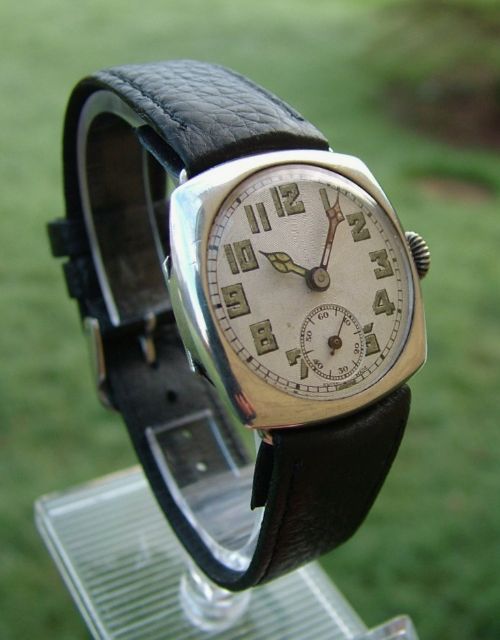 fig 1. Gents 1920s silver cushion cased wristwatch