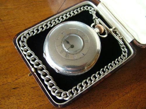 fig 1. Antique silver half hunter pocket watch and chain