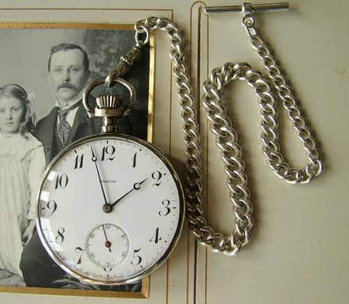 Antique Silver Omega Pocket Watch and Chain