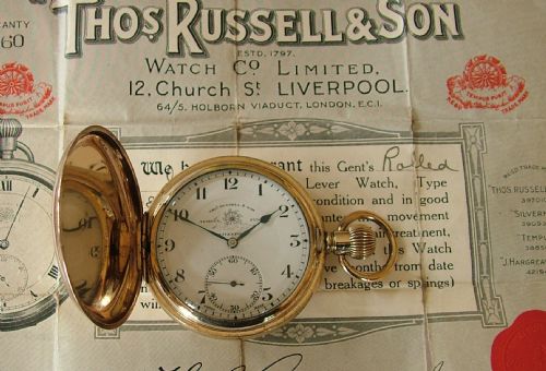 1924 Thomas Russell & Son Full Hunter Pocket Watch with Original Guarantee