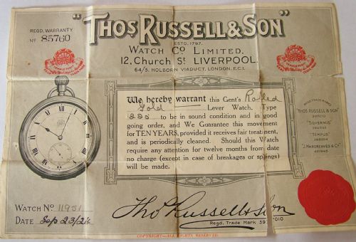 fig 2. 1924 Thomas Russell & Son full hunter pocket watch with original guarantee