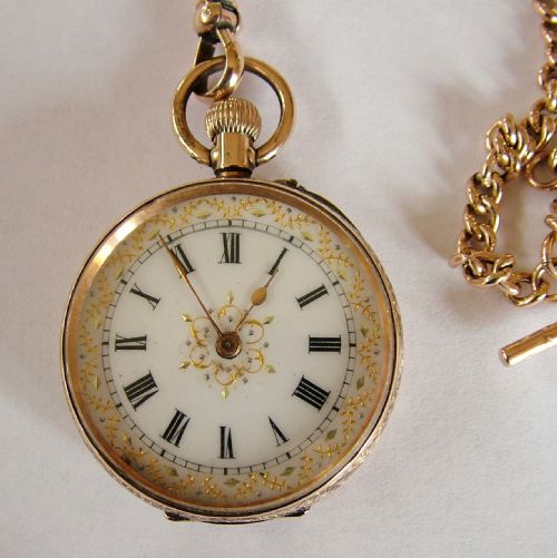 fig 2. A lady’s Edwardian 14ct gold fob watch with 9ct gold chain