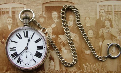 fig 1. Antique Goliath pocket watch and chain, circa 1910s.