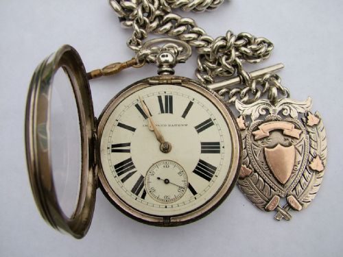 ANTIQUE LARGE SILVER FUSEE MANCHESTER POCKET WATCH CHAIN LARGE FOB - ADDITIONAL PHOTO 5