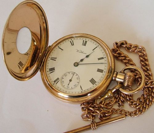fig 1. Waltham Traveler half hunter pocket watch & chain