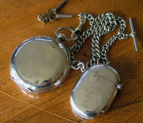 fig 1. Antique Waltham pocket watch, chain and vesta