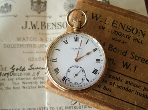 J W Benson 9ct Gold Pocket Watch, Box and Papers