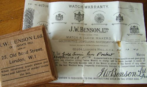fig 1. J W Benson 9ct gold pocket watch, box and papers
