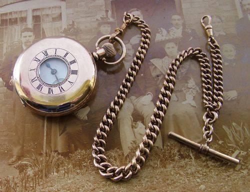 Antique Waltham Traveler Half Hunter Pocket Watch and Albert