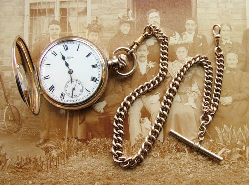 fig 1. Antique Waltham Traveler half hunter pocket watch and albert