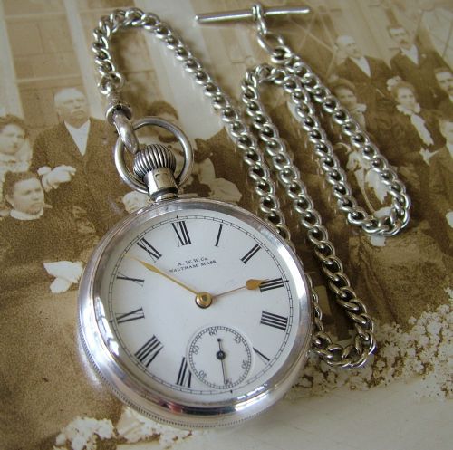 Silver Waltham Bond St Pocket Watch and Chain